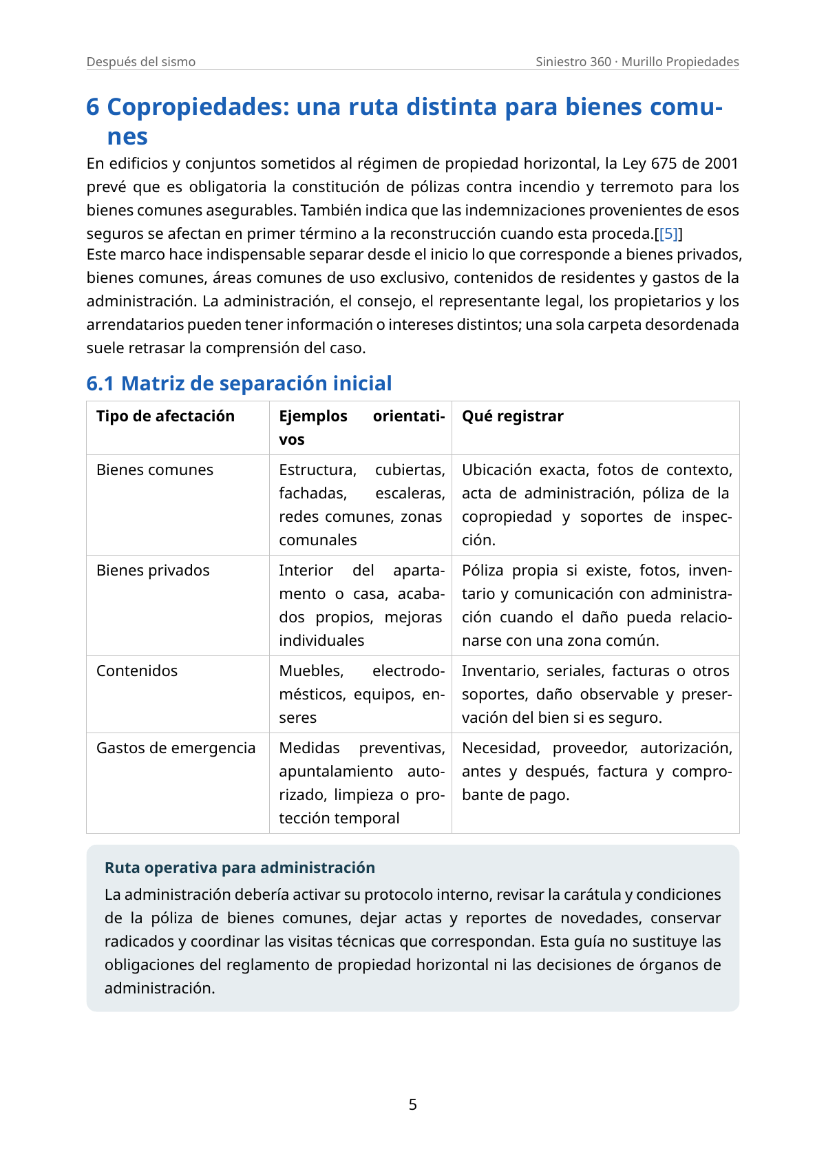 Página de muestra de la guía con matriz documental para copropiedades
