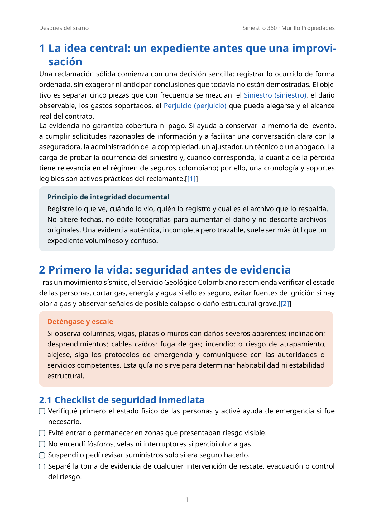 Página de muestra de la guía con recomendaciones de seguridad y checklist de actuación inmediata